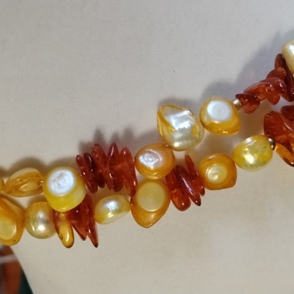 🎃Hand Crafted double strand Keshi Pearls And Amber Beaded Necklace🎃 - Picture 4 of 8